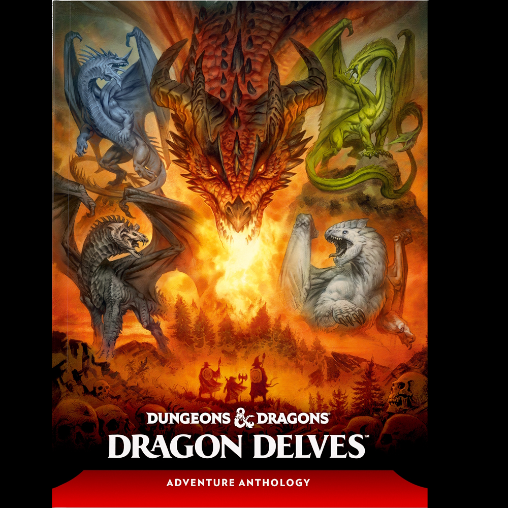 Dungeons & Dragons – Dragon Delves: Adventure Anthology. Cover of 'Dragon Delves' adventure anthology for Dungeons & Dragons featuring four dragons and two characters.