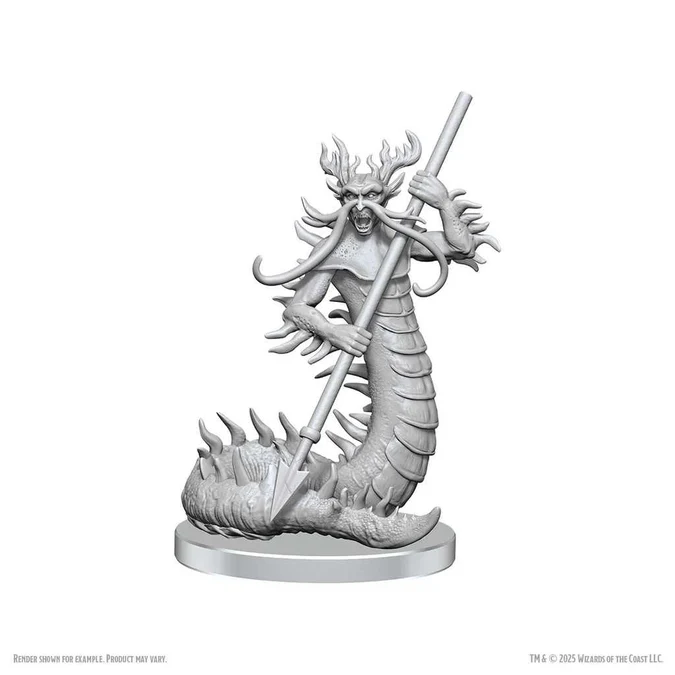 White plastic model of a fantasy creature on a white background. D&D Nolzur's Marvelous Unpainted Miniatures: Classic Salamander