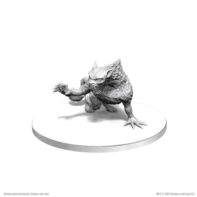 A grayscale 3D render of a fantasy creature miniature on a round display base, shown against a plain white background with small copyright and disclaimer text at the bottom. D&D Nolzur's Marvelous Unpainted Miniatures Barghest WizKids pre-primed figure