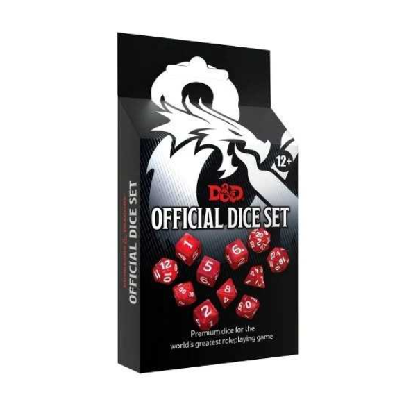 D&D Official Dice Set packaging with red dice on a white background