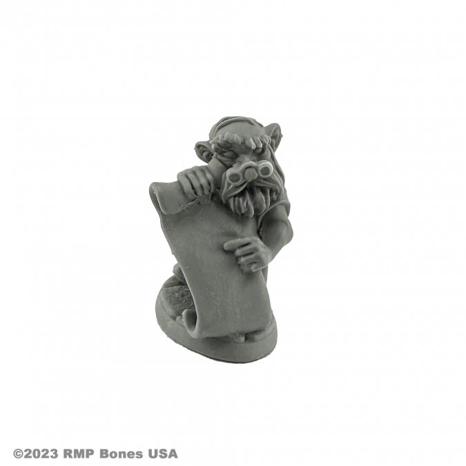 Unpainted miniature of Dabble the Gnome 01456 from Bones Plastic, featuring intricate details like goggles and a scroll. Sculpted by Bobby Jackson