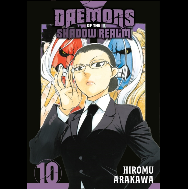 Front cover of the manga volume 'Daemons of the Shadow Realm' volume 10 by Hiromu Aragawa, featuring an illustrated character in a black suit with his hand raised, set against a purple and multicolored background. Daemons of the Shadow Realm Vol 10