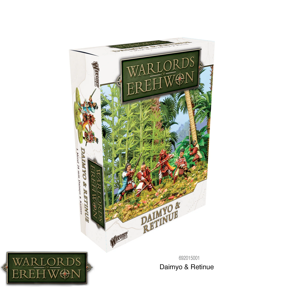 Warlords of Erehwon: Daimyo & Retinue. 28mm metal samurai miniatures featuring a daimyō and 4 bannermen. Supplied unpainted for tabletop wargaming or collectors.