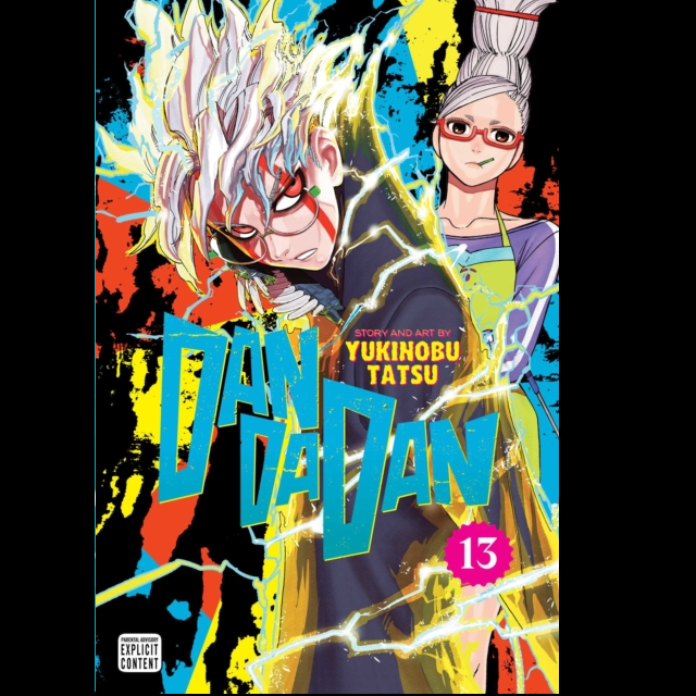 Dandadan, Vol. 13 by Yukinobu Tatsu. Manga book cover with two characters and the title 'Dan Dan Dan' on a colorful background.