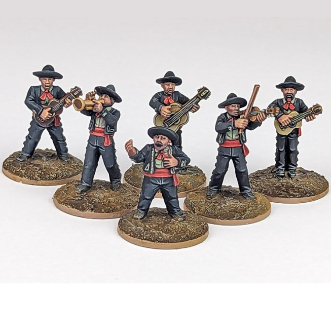 Dead Man’s Hand Mariachi Band by Great Escape Games. 6 28mm metal miniatures featuring a singer, trumpeter, violinist, and three guitarists. Bases not included.