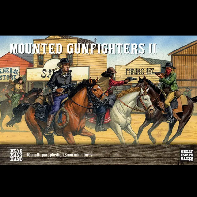 Dead Man's Hand Mounted Gunfighters II: The Ladies. Board game box for 'Mounted Gunfighters II' with cowboys on horseback in a western town setting.