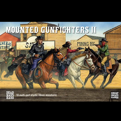 Dead Man's Hand Mounted Gunfighters II: The Ladies. Board game box for 'Mounted Gunfighters II' with cowboys on horseback in a western town setting.