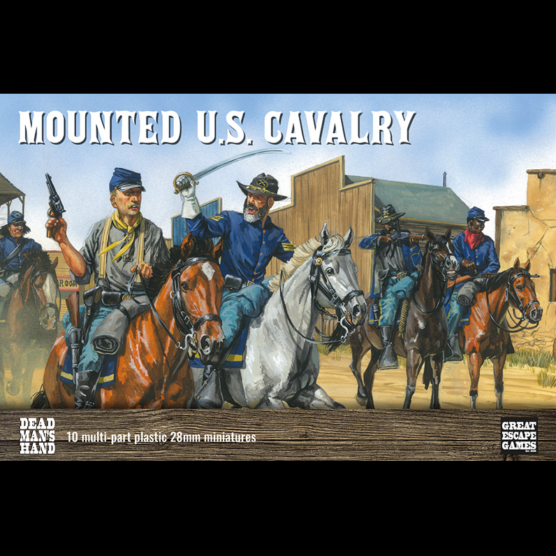 Box cover of Mounted U.S. Cavalry with illustrations of cowboys on horseback. Dead Man’s Hand Mounted US Cavalry