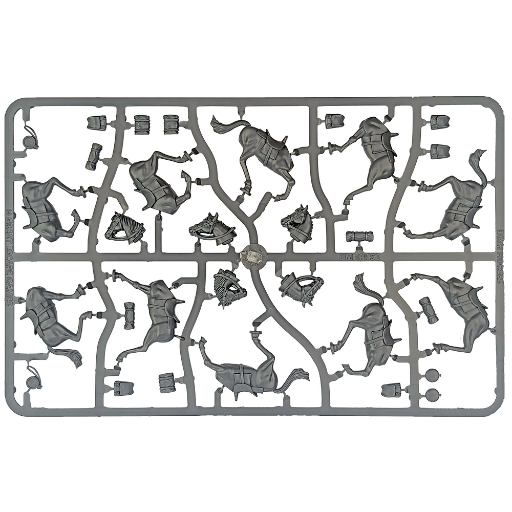 A set of 10 unpainted plastic horses for Dead Man's Hand, including two horse frames and ten oval bases, designed for Wild West-themed tabletop gaming.