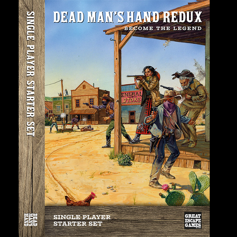 Dead Man's Hand Redux Single Player Gunslinger Set. Board game box for 'Dead Man's Hand Redux' with a western scene on the cover.
