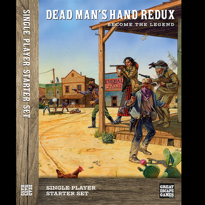 Dead Man's Hand Redux Single Player Gunslinger Set. Board game box for 'Dead Man's Hand Redux' with a western scene on the cover.