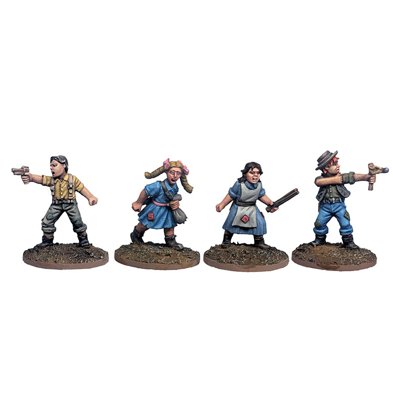 Four painted fantasy miniature figures standing on round bases against a plain white background. Dead Man's Hand Street Kids 4 28mm metal Wild West miniatures with bases