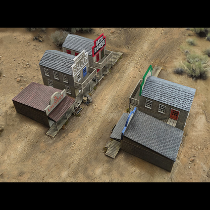 Model of a western town with buildings and signs on a desert landscape. Dead Man’s Hand Two-Horse Town