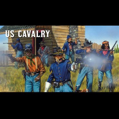 Dead Man’s Hand US Cavalry. Illustration of US Cavalry soldiers in a historical setting with wooden buildings.