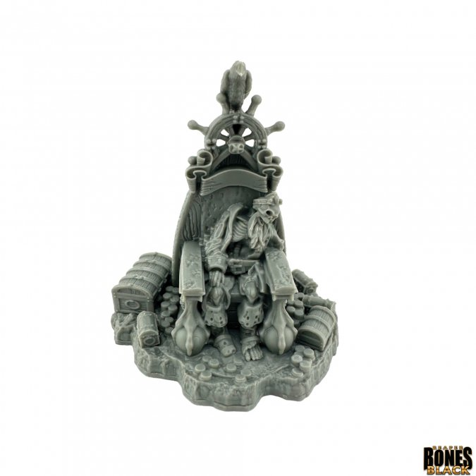 Unpainted Dead Men Tell no Tales miniature by Jason Wiebe from Bones Black. Features a skeletal pirate seated on a throne surrounded by treasure and barrels.