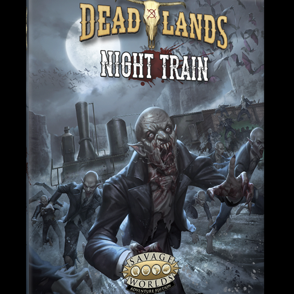 Book cover of 'Dead Lands Night Train' with a zombie-like creature and train in a post-apocalyptic scene. Deadlands The Weird West Night Train 25th Anniversary boxed set with maps cards and tokens