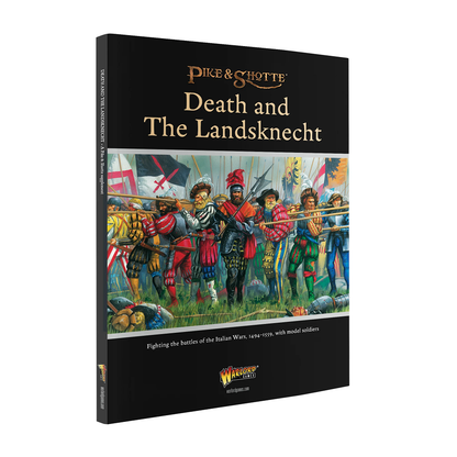 Pike & Shotte book titled 'Death and The Landsknecht' with illustrations of soldiers on a black background.