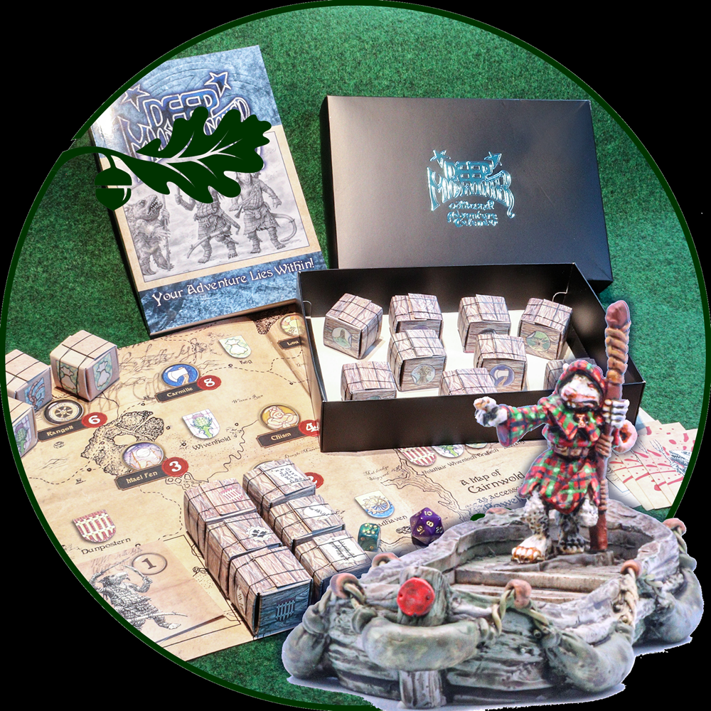 A tabletop display of a board game set, including a black storage box with miniature boxes, a game booklet, a printed map, dice, and a detailed rat pirate character figure standing in a boat, arranged on a green circular mat against a black background.