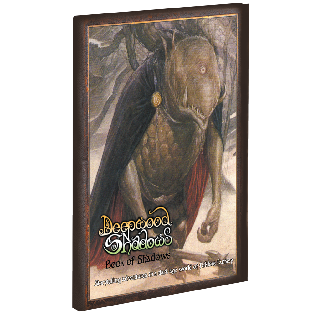 A boxed fantasy card or book titled "Deepwood Shadows: Book of Shadows" shown at an angle on a plain white background. The front artwork depicts a dark, cloaked creature with a red drape and gold lettering. Book of Shadows