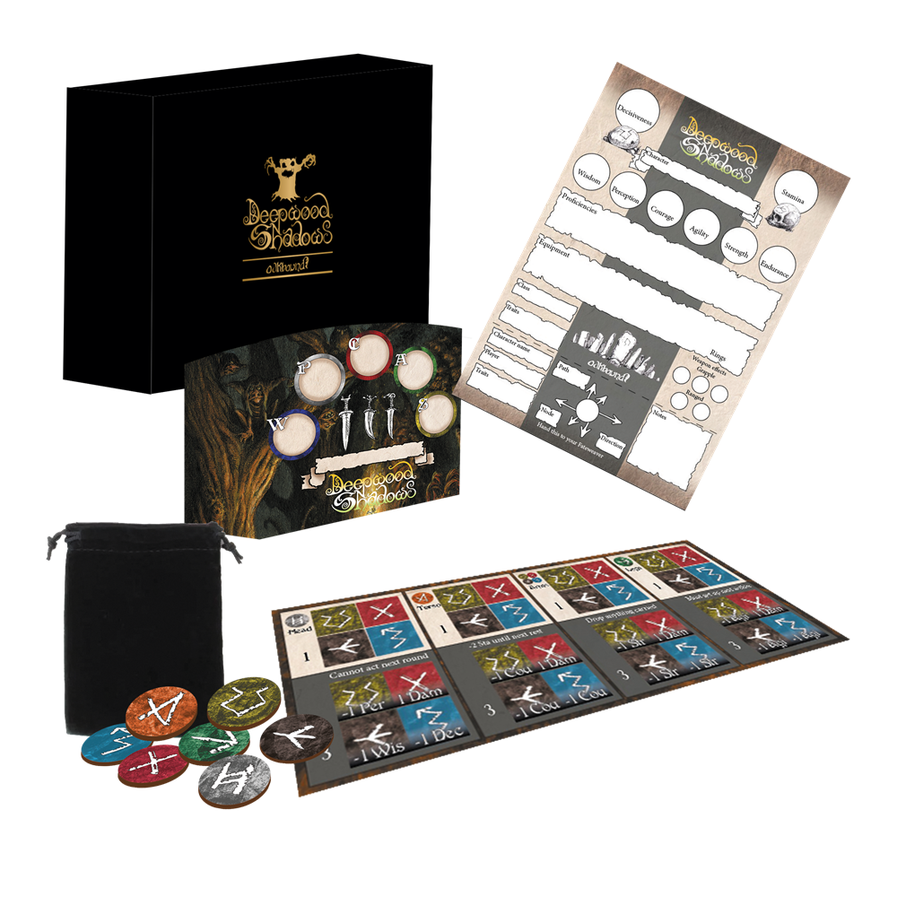 A tabletop game set displayed on a white background, including a black branded box, a black drawstring pouch, a game board, printed sheets, and several colored circular tokens. Deepwood Shadows RPG Player Set - Oakbound