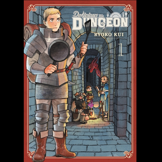 Delicious in Dungeon Vol. 1. Book cover of 'Delicious in Dungeon' by Ryoko Kui featuring a character in armour holding a frying pan.
