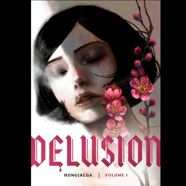 Book cover for 'Delusion' Volume 1 by Hongjagga, featuring a stylized portrait of a woman with closed eyes and pink plum blossoms, with the title in large pink letters at the bottom.