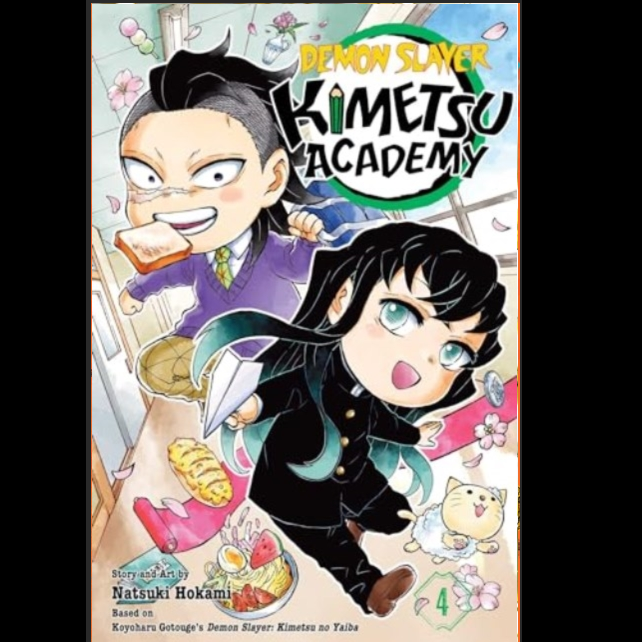 Demon Slayer: Kimetsu Academy, Vol. 4 – Manga Paperback by Koyoharu Gotouge & Natsuki Hokami. Cover of 'Demon Slayer: Kimetsu Academy' with two characters and a cat.