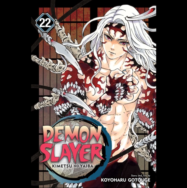 Demon Slayer Volume 22 manga book cover featuring Tanjiro Kamado with white hair and a red-and-white patterned shirt, with the title 'Demon Slayer' and author name Koyoharu Gotouge visible. Demon Slayer Kimetsu no Yaiba Vol.22