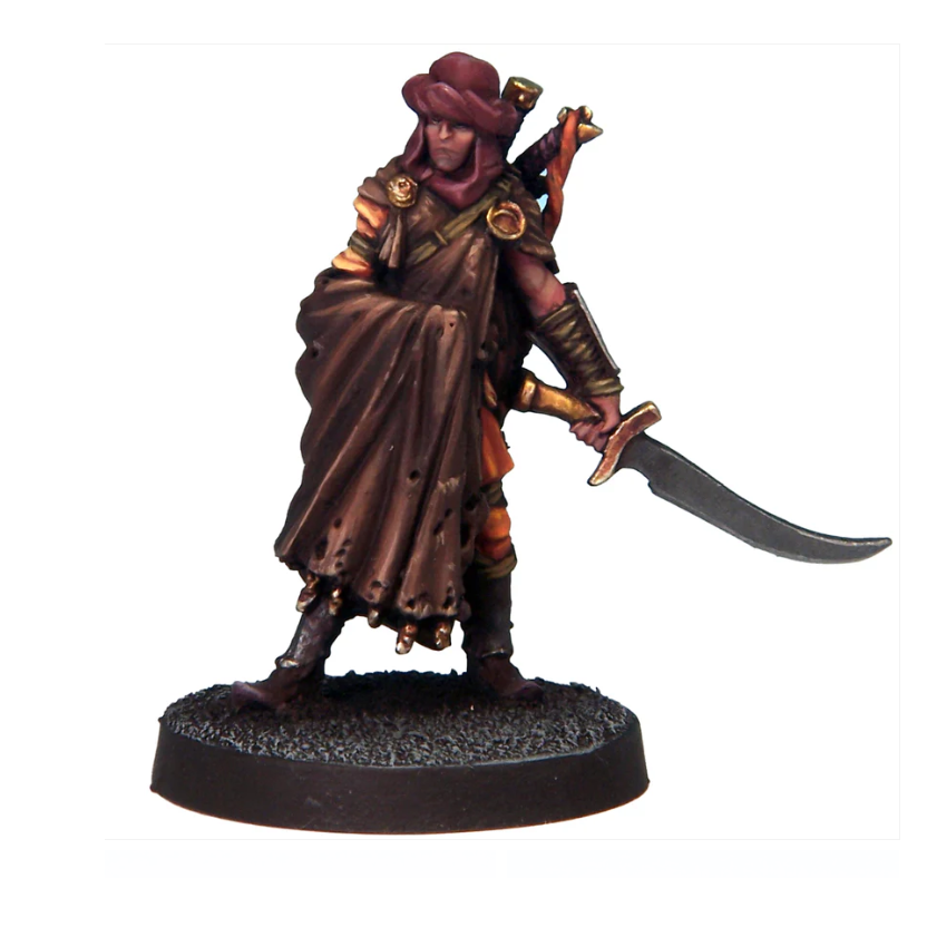 A swordsman holding a sword to one side, two swords on his back, dressed in protective clothing for the desert, cast in white metal