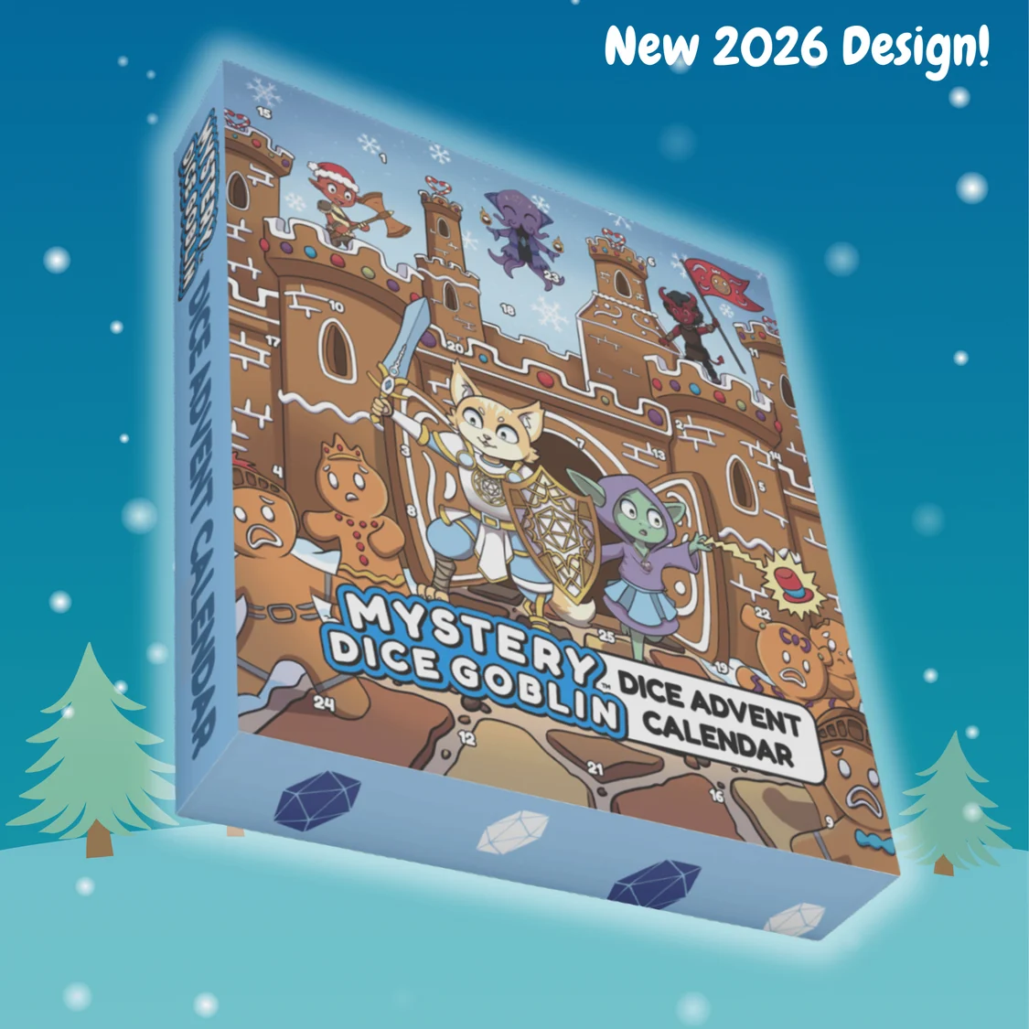 A boxed advent calendar product shown at an angle against a blue festive background with snowflakes and pine trees. The box is labelled 'Mystery Dice Advent Calendar' and features a whimsical illustration of goblins, a castle, dice, and fantasy characters. Dice Advent Calendar 2026  - Mystery Dice Goblin- Gingerbread Castle Design