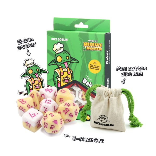 Dice set with packaging and accessories featuring Dice Goblin branding.