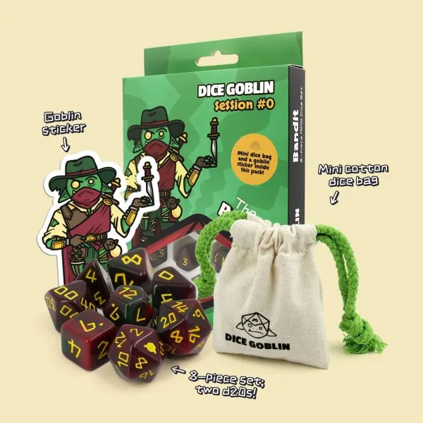 Dice Goblin gaming accessories including dice, packaging, and a dice bag on a beige background