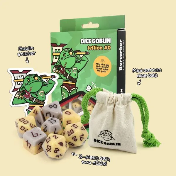 Dice set with packaging, stickers, and a dice bag on a beige background