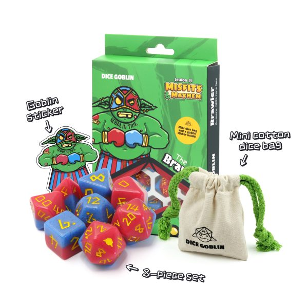 Set of colorful dice with packaging and accessories on a white background