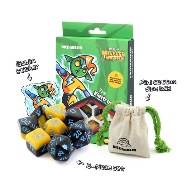 Dice set with packaging, sticker, and dice bag on a white background