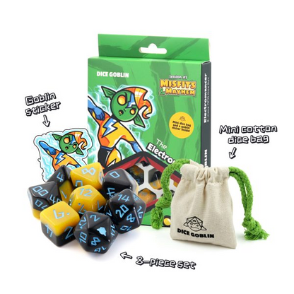 Dice set with packaging, sticker, and dice bag on a white background