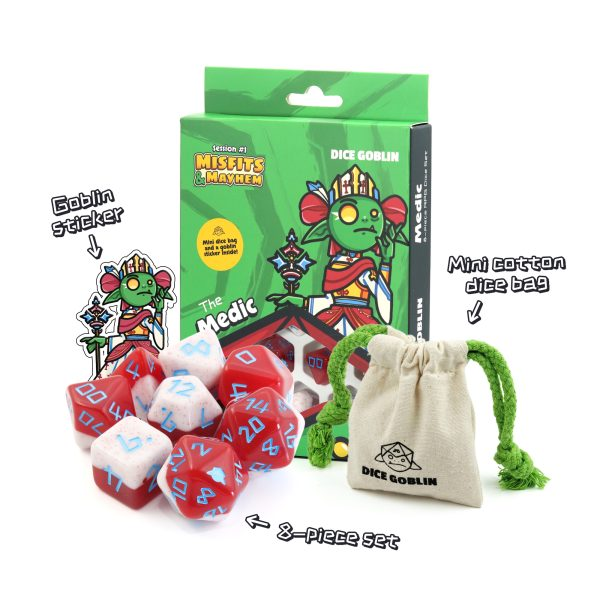 Dice set with packaging, sticker, and cotton bag on a white background