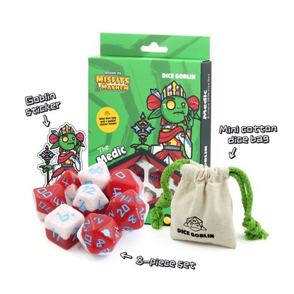 Dice set with packaging, sticker, and cotton bag on a white background