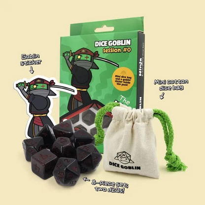 Dice set with packaging, sticker, and dice bag on a beige background