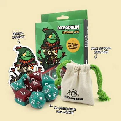 Dice set with 'Dice Goblin' packaging and accessories on a beige background