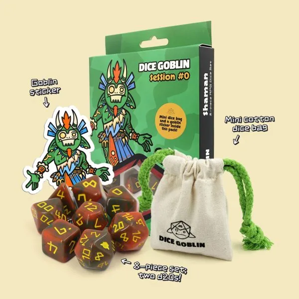 Dice set with 'Dice Goblin' packaging, dice bag, and sticker on a beige background