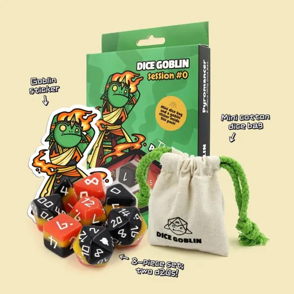 Dice Goblin gaming set with dice, stickers, and a bag on a beige background