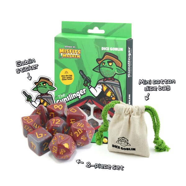 Dice set with packaging and accessories, featuring 'Dice Goblin' branding.