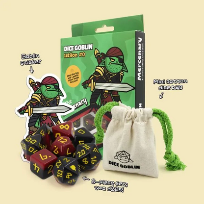 Dice set with packaging, sticker, and dice bag on a beige background
