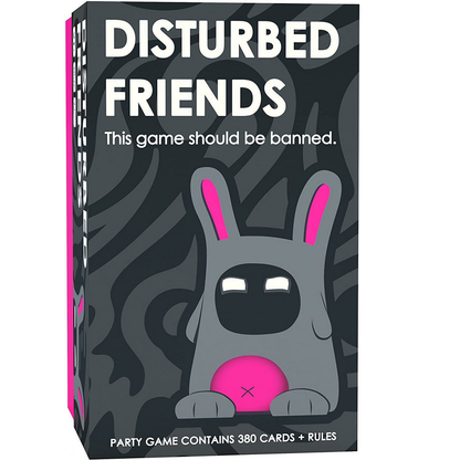 Disturbed Friends party card game for 21+ players, contains 250 disturbing questions, 100 offensive cartoon cards, and explicit adult content for 4–10 players