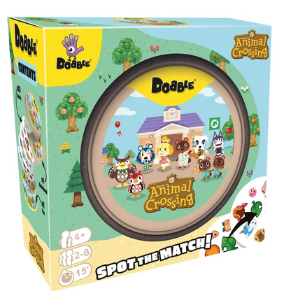 Doodle Contents Animal Crossing Spot the Match! toy box, featuring colorful cartoon artwork of Animal Crossing characters and scenery on the packaging. Dobble Animal Crossing