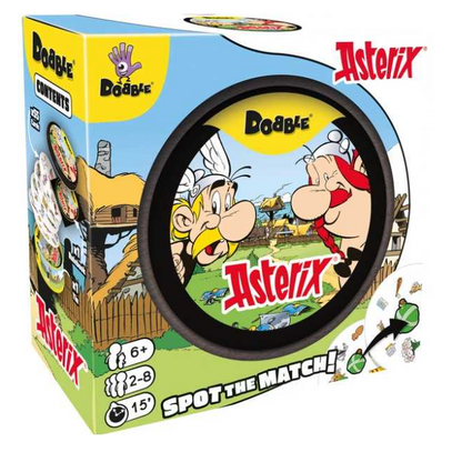 Dobble Asterix card game with illustrated cards featuring Asterix characters