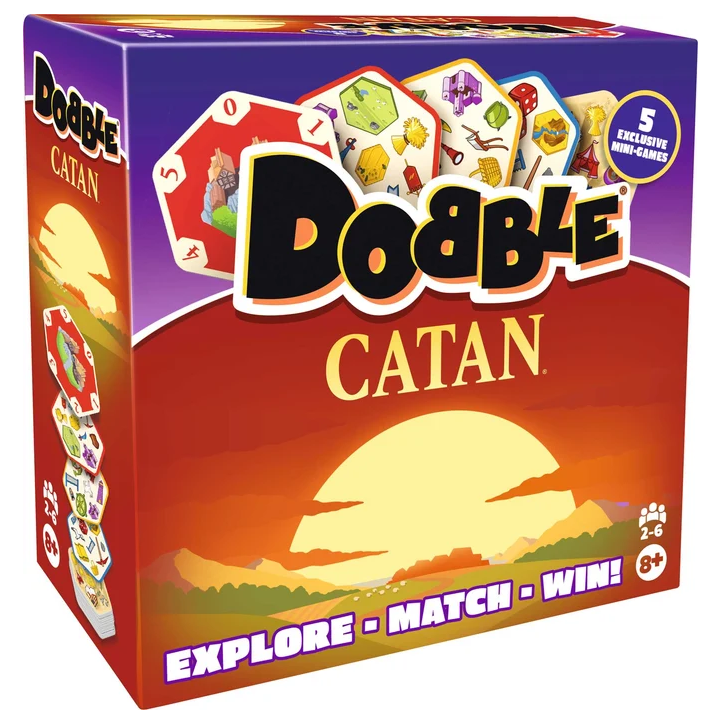 Box art for the board game Dobble Catan, showing the front and side panels with colorful game cards, a purple-to-orange gradient background, and the Dobble and Catan branding. Dobble Catan