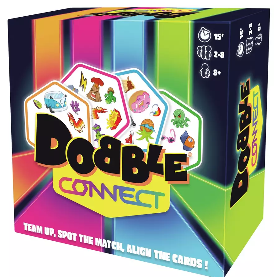 Board game box for 'Dobble Connect' with colourful design and card illustrations.
