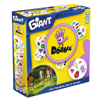 Giant Dobble game box shown at a three-quarter angle on a plain white background. The packaging is bright yellow and blue with a large purple Dobble logo and illustrations of matching game pieces. Dobble Giant - Indoor & Outdoor Play